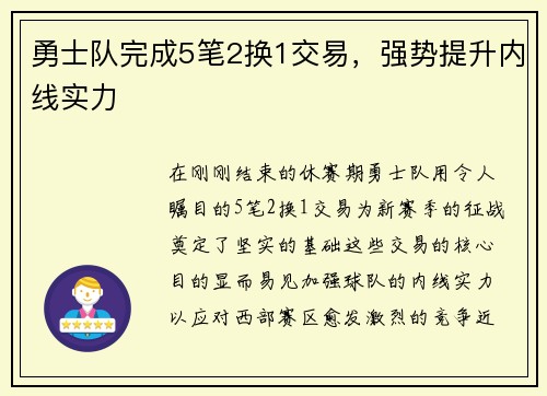 勇士队完成5笔2换1交易，强势提升内线实力